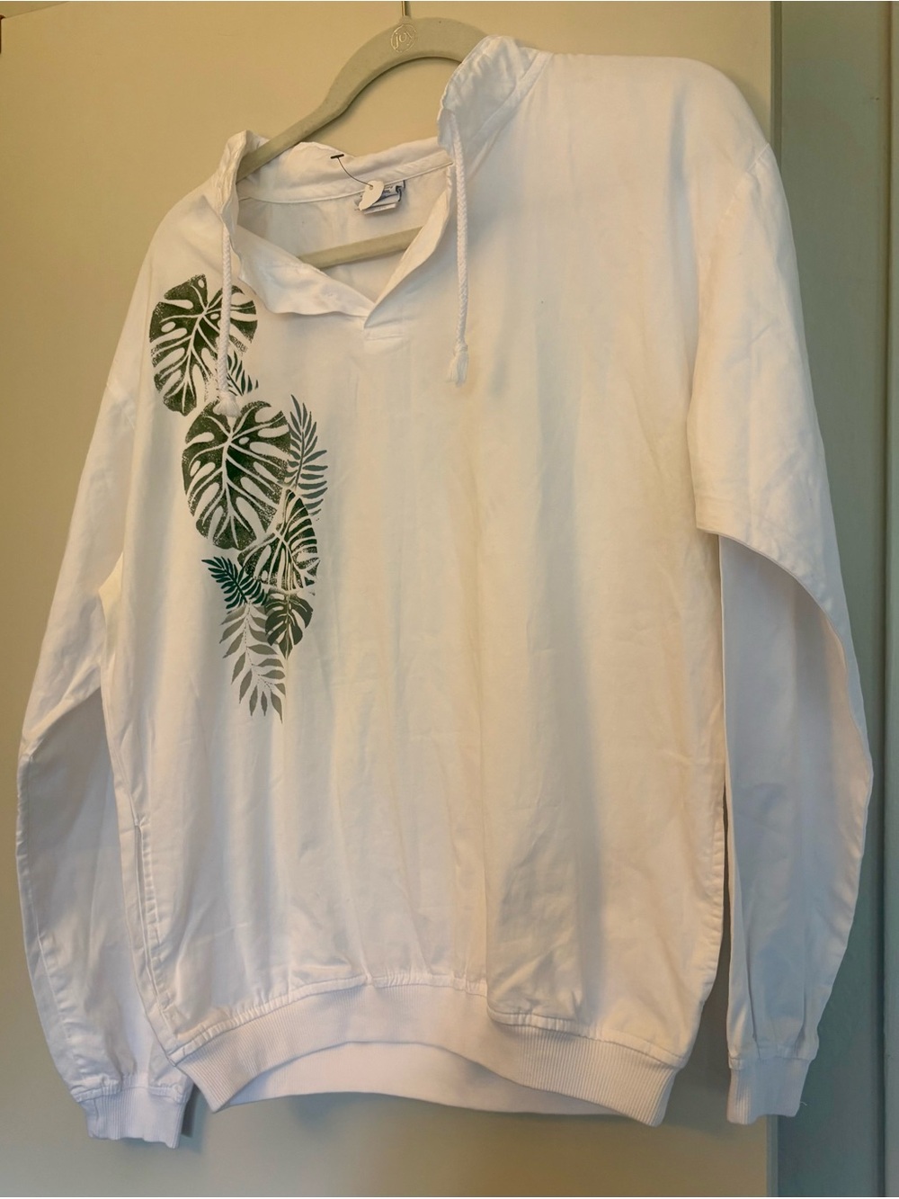 White Pullover Hoodie with Green Leaf Print